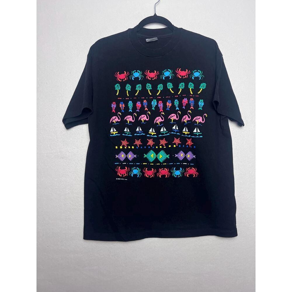 Vintage Hanes Beefy-T Black Single Stitch Tropical Short Sleeve T-Shirt Size L